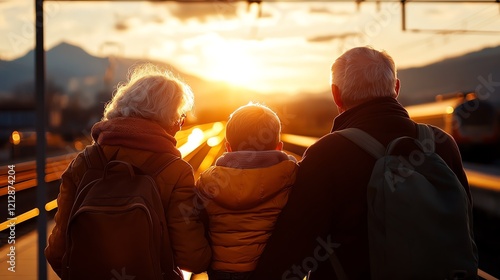 Emotional scene of grandparents welcoming their family at a rural train station, symbolizing love and togetherness
