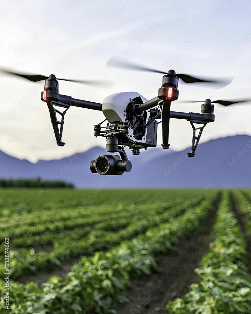 A drone hovers over a lush green field with mountains in the background, showcasing agricultural technology in action. eco-friendly living organic technology concept A drone hovers over a lush green field with mountains in the background, showcasing agricultural technology in action. eco-friendly living organic technology concept