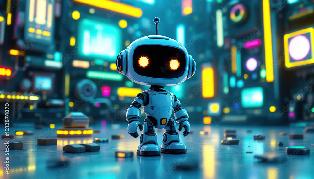 A small white robot stands in a futuristic city A small white robot stands in a futuristic city