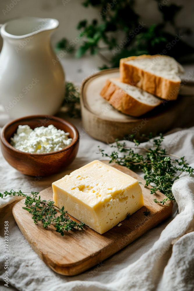 Rustic arrangement with a wedge of farmhouse cheese, a bowl of fresh cottage cheese, crusty bread, and sprigs of thyme on a wooden board. Set on a textured surface with soft natural light and a cozy f Rustic arrangement with a wedge of farmhouse cheese, a bowl of fresh cottage cheese, crusty bread, and sprigs of thyme on a wooden board. Set on a textured surface with soft natural light and a cozy f