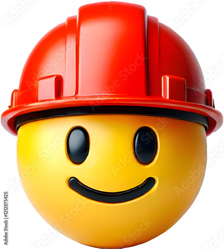 A yellow 3D face emoji in a construction white helmet with bold features, glossy finish on a transparent background, capturing the essence of joy and safety in a playful design.