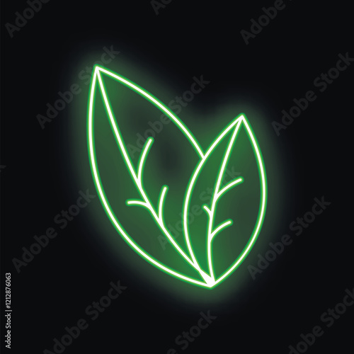 Bright green neon sign in the shape of two leaves is glowing on a black background
