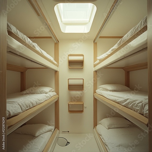 Interior View of Four Bunk Beds with Natural Light Through a Skylight in a Tiny Space photo