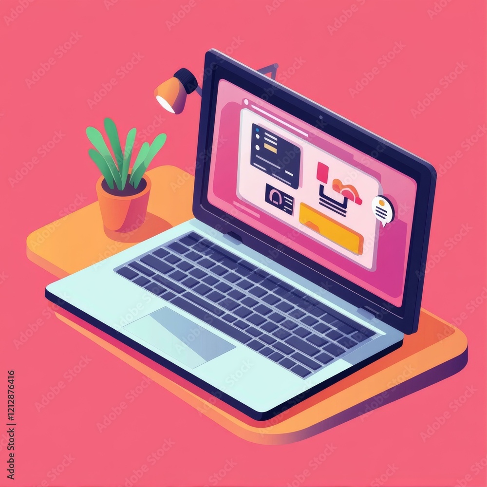 Laptop Display with Interface Elements and Potted Plant on Orange Stand on Rose Background Laptop Display with Interface Elements and Potted Plant on Orange Stand on Rose Background