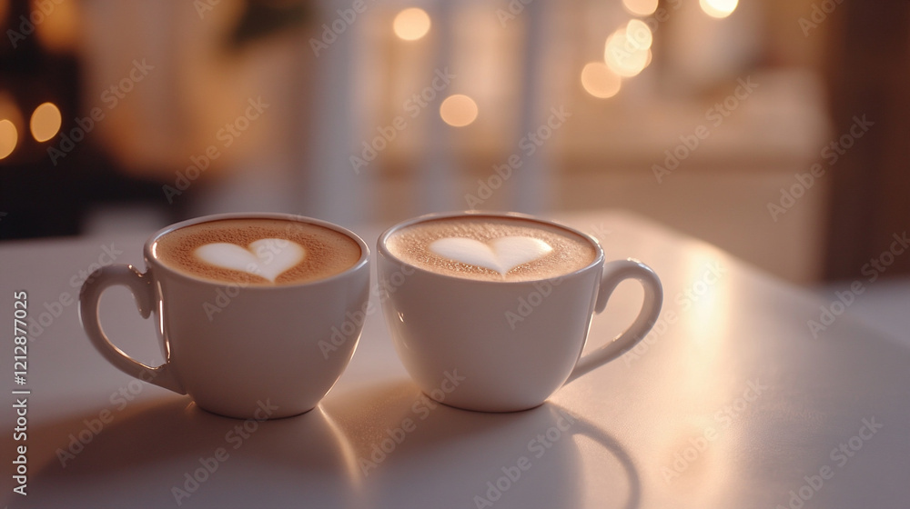 Two cappuccinos in white cups with heart-shaped foam on a white table. Warm, romantic background evoking Valentine's Day. Minimalist, cozy, and elegant atmosphere. Two cappuccinos in white cups with heart-shaped foam on a white table. Warm, romantic background evoking Valentine's Day. Minimalist, cozy, and elegant atmosphere.