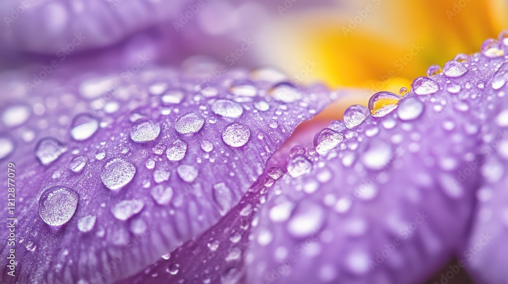 Close-up of dew drops on delicate purple flower petals. Close-up of dew drops on delicate purple flower petals.