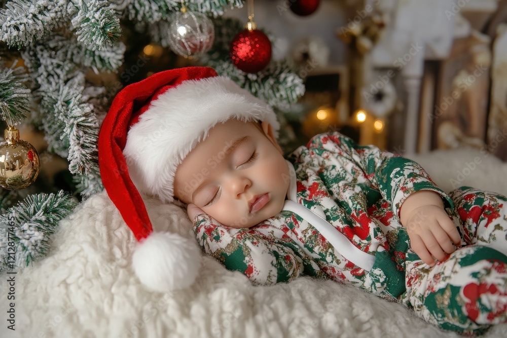 Adorable baby in christmas pajamas with santa hat by decorated tree . A peaceful baby sleeps in a festive Christmas outfit beside a beautifully decorated Christmas tree. Adorable baby in christmas pajamas with santa hat by decorated tree . A peaceful baby sleeps in a festive Christmas outfit beside a beautifully decorated Christmas tree.