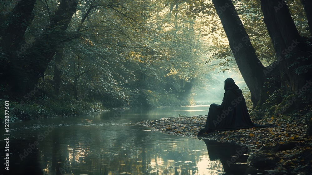 Fototapeta premium Hooded Figure Sitting by an Autumn River in a Forest