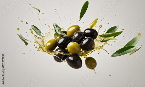 Olive Oil Splash: A burst of vibrant energy as olives and olive leaves splash in a cascade of golden olive oil, capturing the essence of Mediterranean freshness and flavor. 
