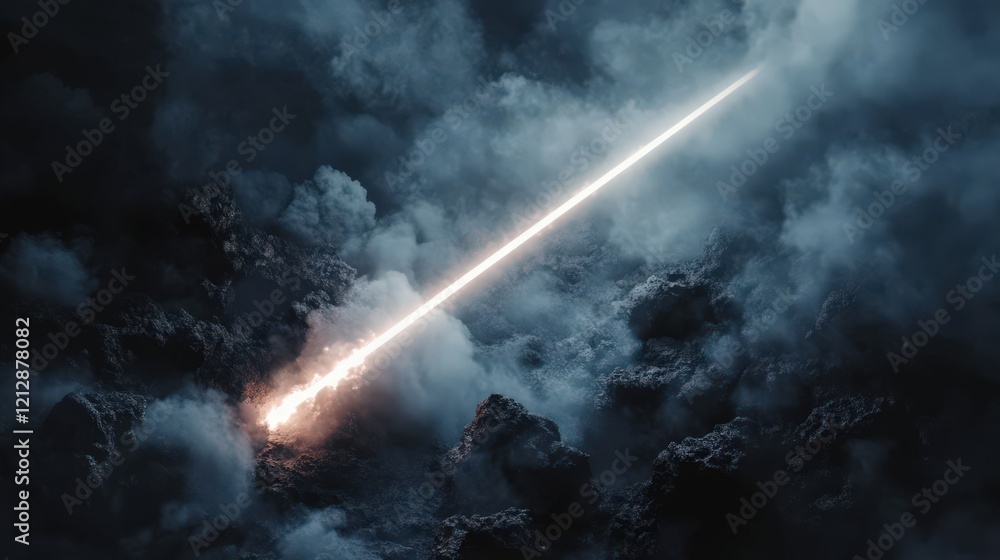 Fototapeta premium Celestial Beam Pierces Dark Volcanic Landscape