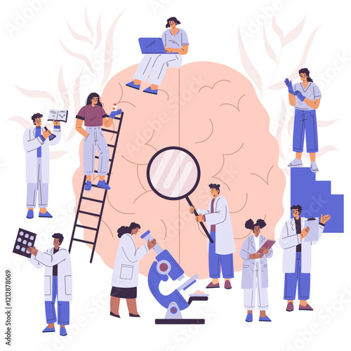 Study Human Brain with Laboratory Scientist Do Medical Research Vector Illustration