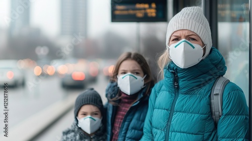 Dust impacts lifestyle and worsens allergies. A family wearing masks stands at a bus stop, highlighting safety in a busy urban environment during uncertain times. photo