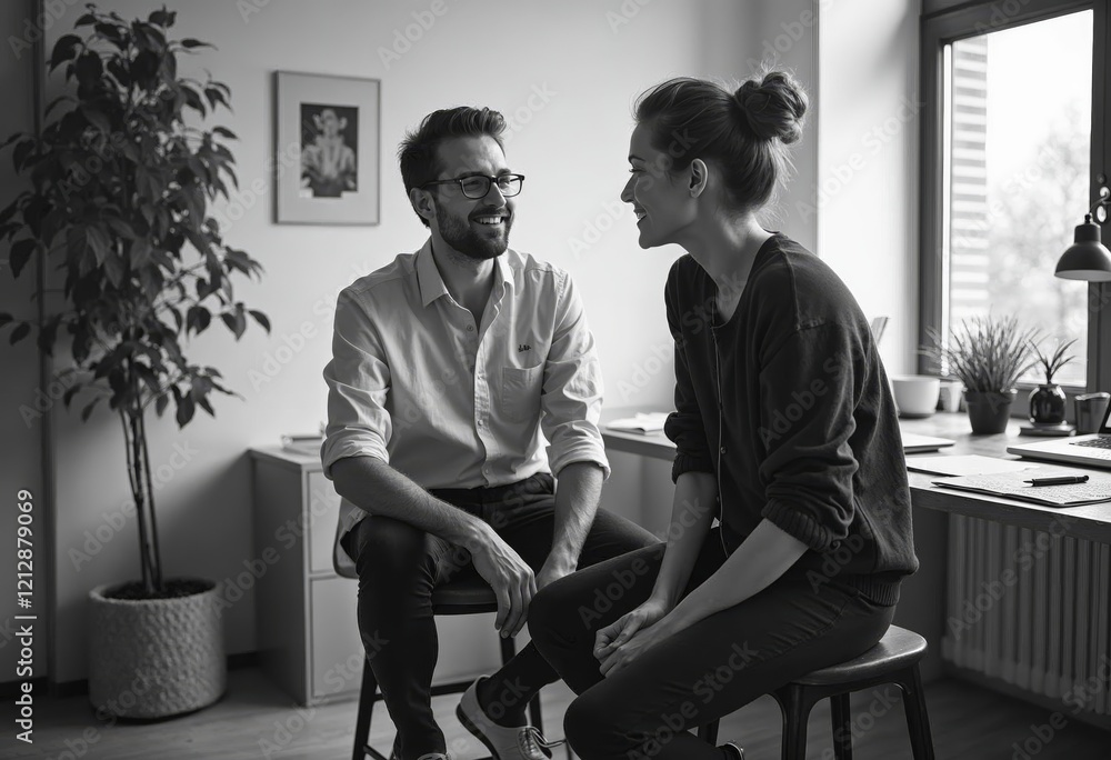 A black and white image of a man and a woman seated in a contemporary home office, likely discussing work or personal matters A black and white image of a man and a woman seated in a contemporary home office, likely discussing work or personal matters