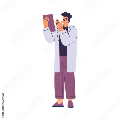 Man Scientist Character in Coat Standing with Clipboard Vector Illustration