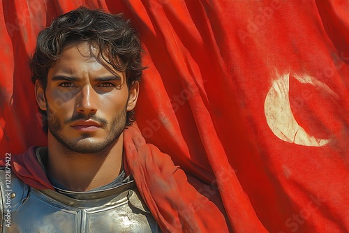 Handsome warrior with red flag. photo