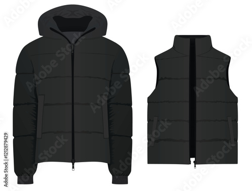 Black  winter vest and jacket. vector illustration