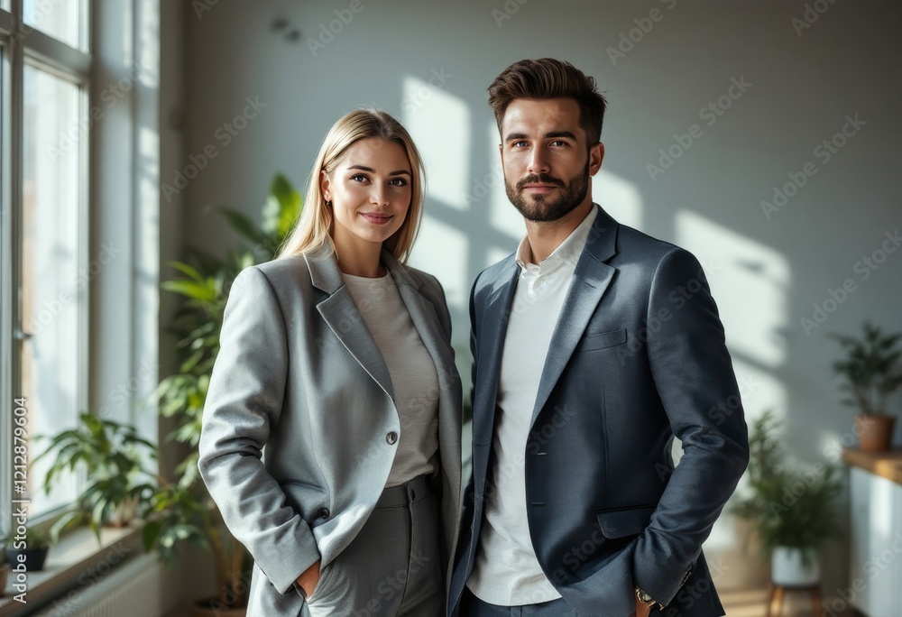 A professional, confident shot of a man and a woman in business attire A professional, confident shot of a man and a woman in business attire