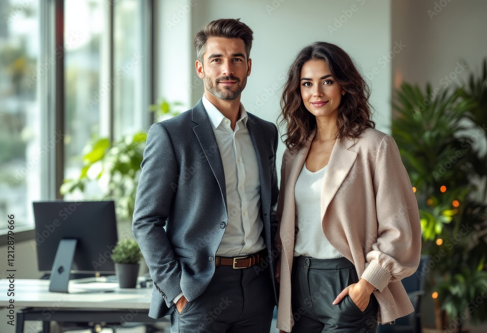 Professional, confident man and woman in business attire stand in a bright, modern office Professional, confident man and woman in business attire stand in a bright, modern office