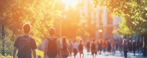 Beautiful blurred background of students walking on the university campus with trees and buildings in sunlight, summertime Generative AI