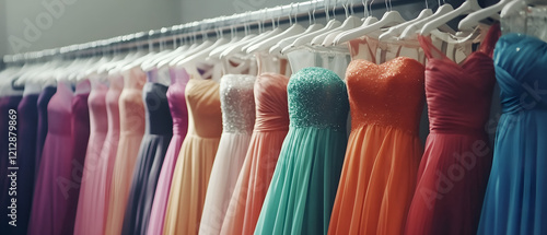 choice of fashionable pastel dresses hanging on a hanger in a shop / boutique inside; concept of beautiful outfit for wedding, prom, debutante ball; side view