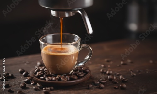 Espresso Perfection: A close-up shot captures the essence of coffee ritual as a steaming espresso pours into a clear cup, surrounded by roasted coffee beans.