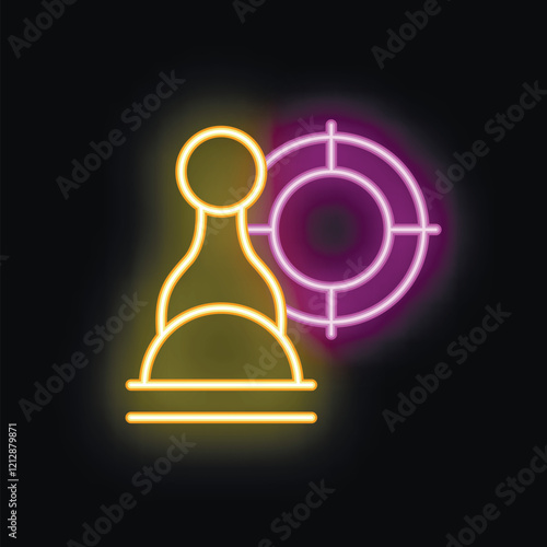 Neon icon of a chess pawn with target symbolizing the concept of strategic planning and achieving business goals