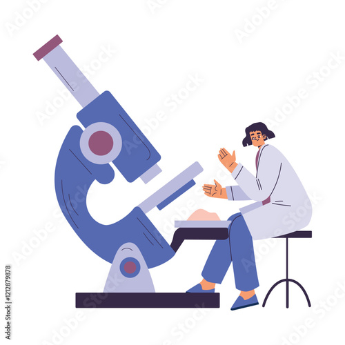 Woman Scientist Character in Coat Sit with Microscope Vector Illustration