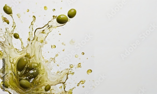 Olive Oil Splash: Green olives bursting from a vibrant splash of olive oil, creating a dynamic and delicious image perfect for culinary or health-related projects. 