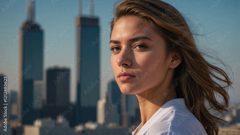 Confident Young Woman with City Skyline. Urban Background, Modern Vibes, Natural Light, Windblown Hair. Confident Young Woman with City Skyline. Urban Background, Modern Vibes, Natural Light, Windblown Hair.