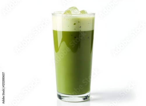 Iced Matcha Latte in Glass with Layers of Milk and Matcha on White Background photo