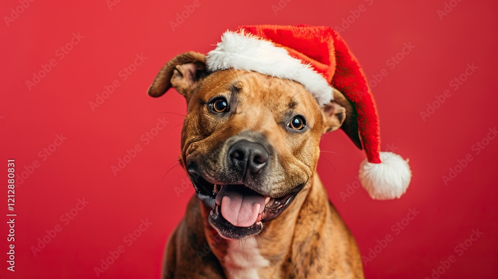 A playful dog dressed as Santa spreads cheer. A joyful dog wearing a Santa hat against a festive red background, embodying holiday cheer and playfulness. A playful dog dressed as Santa spreads cheer. A joyful dog wearing a Santa hat against a festive red background, embodying holiday cheer and playfulness.