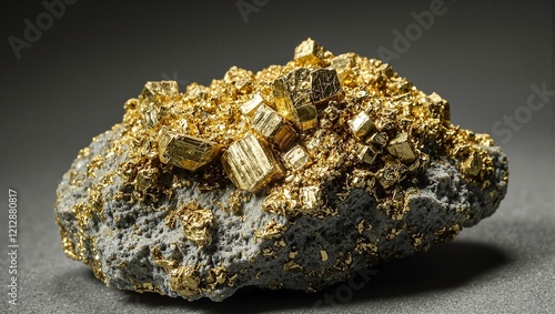 Golden pyrite mineral in sunlight on grey rock