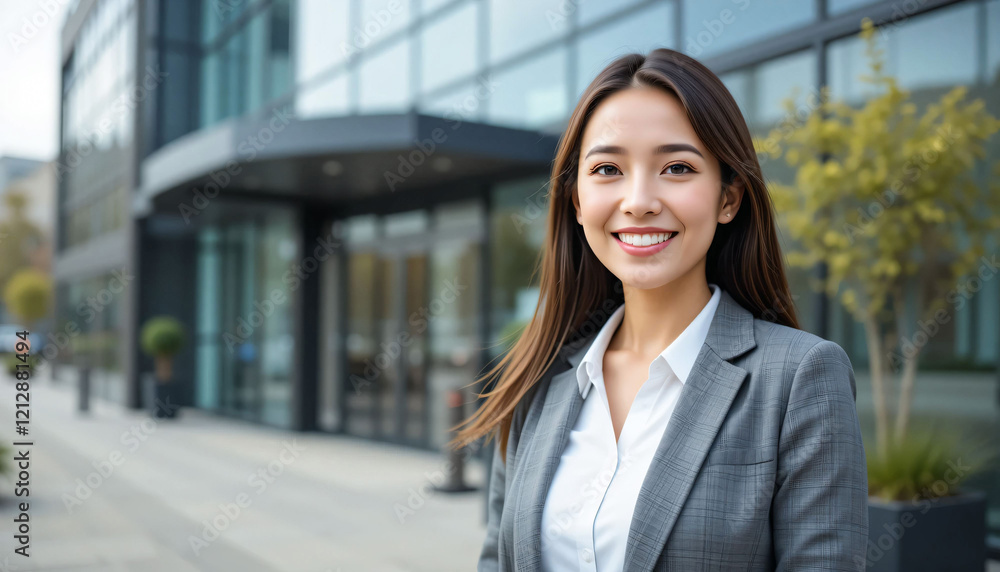 Professional Woman Smiling Outside Corporate Building Generative AI Professional Woman Smiling Outside Corporate Building Generative AI