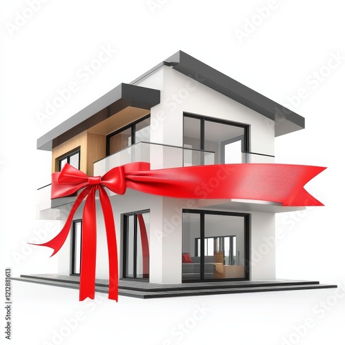 New Modern House Wrapped Red Ribbon White Background photo