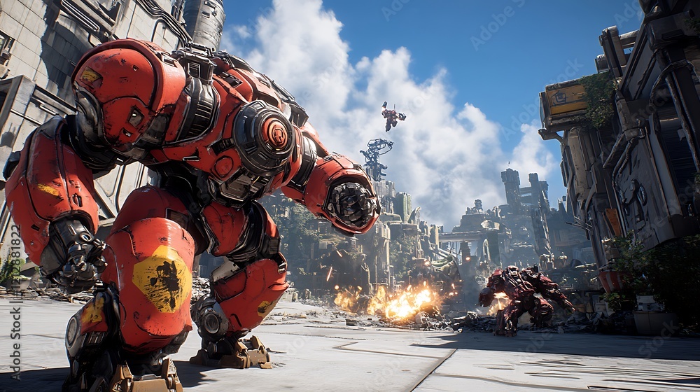 A futuristic mech combat game, with massive robots battling in a cityscape A futuristic mech combat game, with massive robots battling in a cityscape