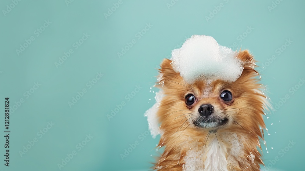 A wet canine covered in foam looks adorable. A fluffy Pomeranian with a playful expression, adorned with soap suds on its head, against a vibrant turquoise backdrop. A wet canine covered in foam looks adorable. A fluffy Pomeranian with a playful expression, adorned with soap suds on its head, against a vibrant turquoise backdrop.