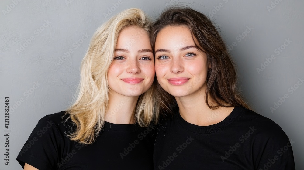 Two smiling women, friends, studio portrait, grey background, friendship Two smiling women, friends, studio portrait, grey background, friendship