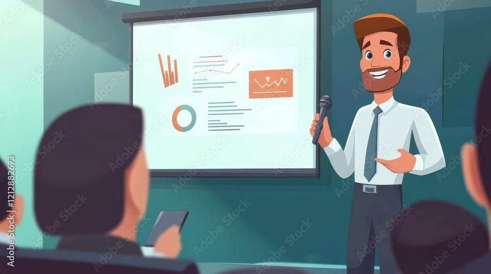 Businessman presenting with a microphone and projector in a conference room, explaining diagrams and charts to the audience Businessman presenting with a microphone and projector in a conference room, explaining diagrams and charts to the audience