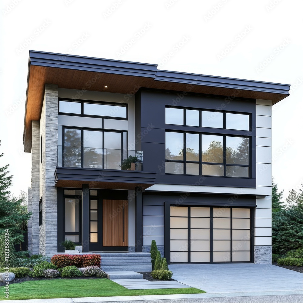 Modern Two Story Home With Large Windows and Double Garage Doors Set Among Green Plants Modern Two Story Home With Large Windows and Double Garage Doors Set Among Green Plants