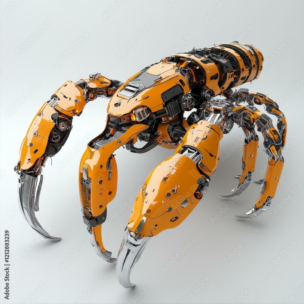 Mechanical Crab Creature With Six Legs In Yellow And Gray Color Robotic Sci-Fi Design Mechanical Crab Creature With Six Legs In Yellow And Gray Color Robotic Sci-Fi Design