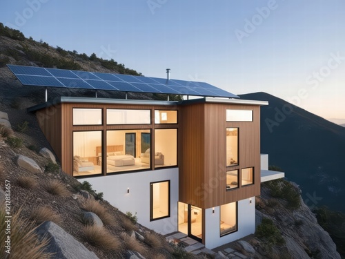 Eco-friendly house design in mountain setting with panoramic windows and solar panels minimalist style photo