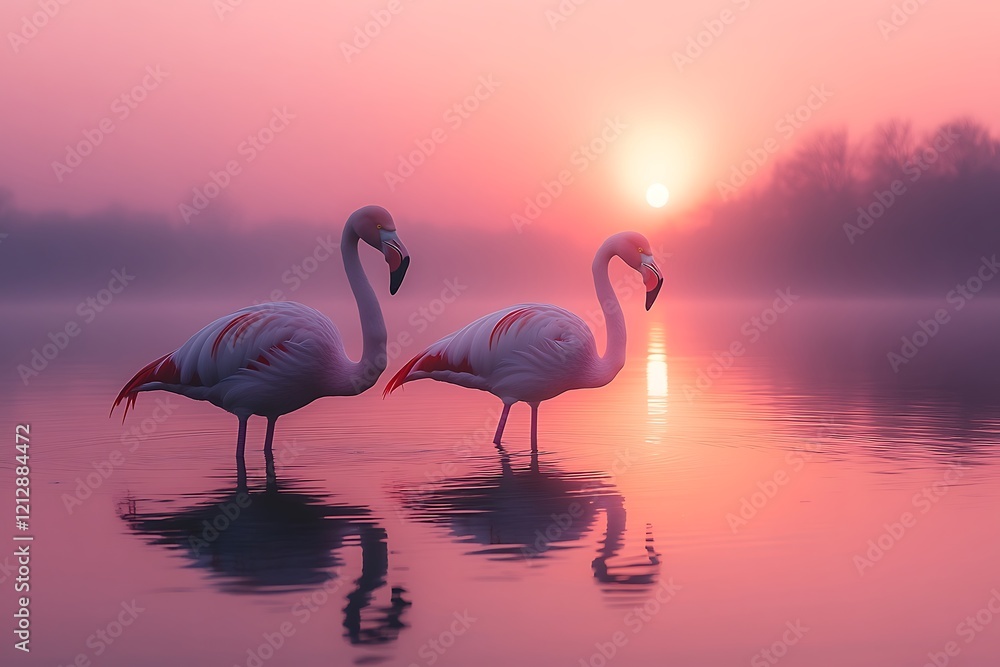 Fototapeta premium Two pink flamingos wade in a lake at sunset