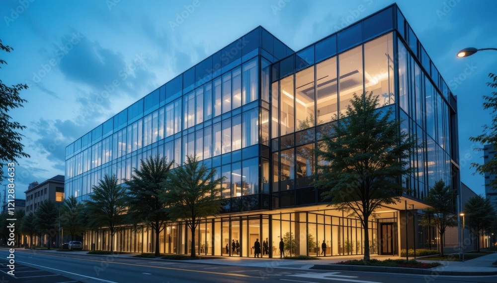 Contemporary office building with glass facade and tree lined street at dusk Contemporary office building with glass facade and tree lined street at dusk