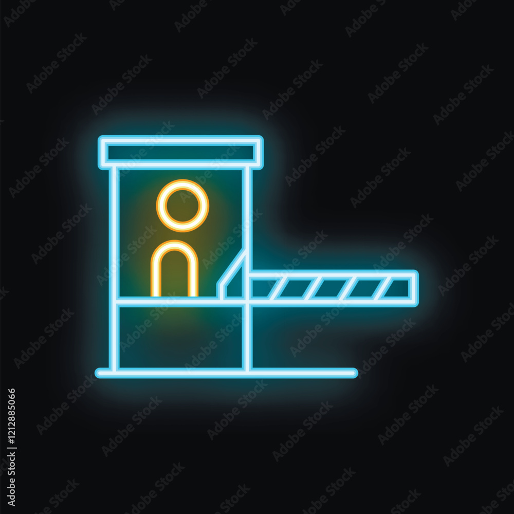Glowing neon line passport control with border gate icon isolated on black background, vector illustration Glowing neon line passport control with border gate icon isolated on black background, vector illustration