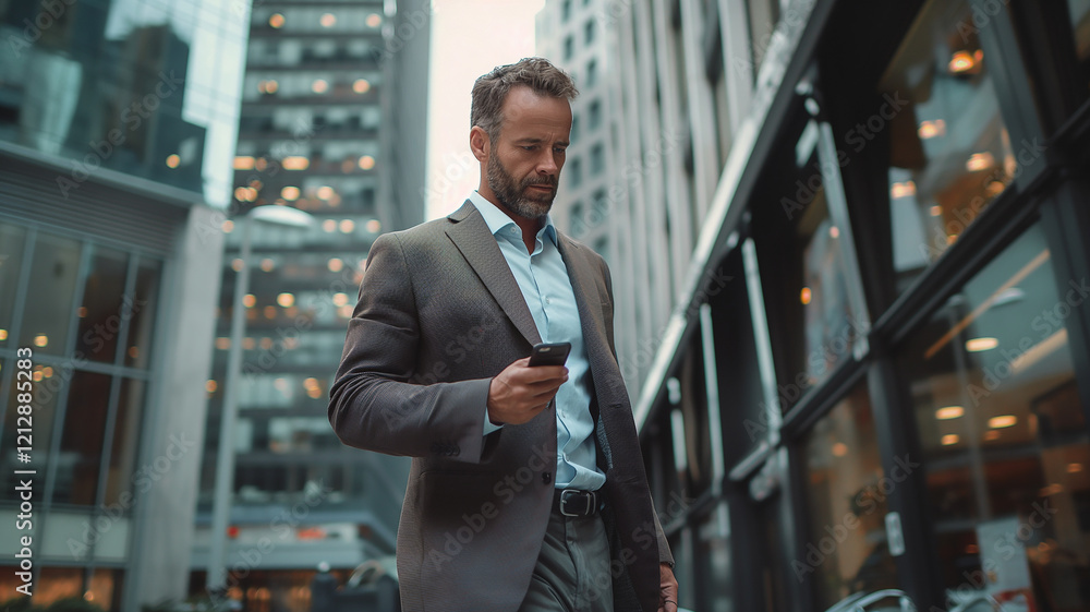 A man in a suit is walking down a city street while holding a cell phone A man in a suit is walking down a city street while holding a cell phone