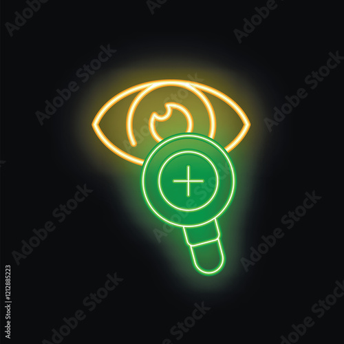 Neon sign showing a magnifying glass examining an eye, symbolizing vision analysis, eye health and medical examination