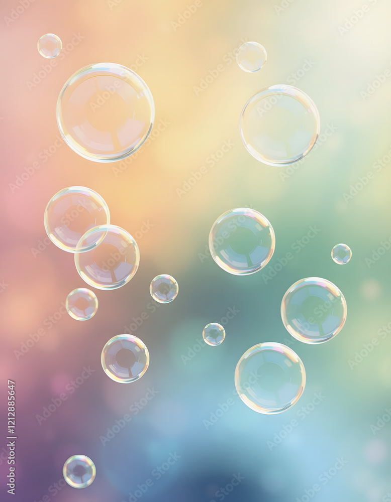 Beautiful floating soap bubbles on a natural abstract multicolor background, summer day playground, graphic novel art, with white tones Beautiful floating soap bubbles on a natural abstract multicolor background, summer day playground, graphic novel art, with white tones