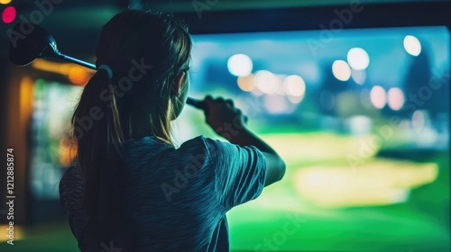 Girl playing golf on screen and golf simulator. Young golfer playing golf video game indoors