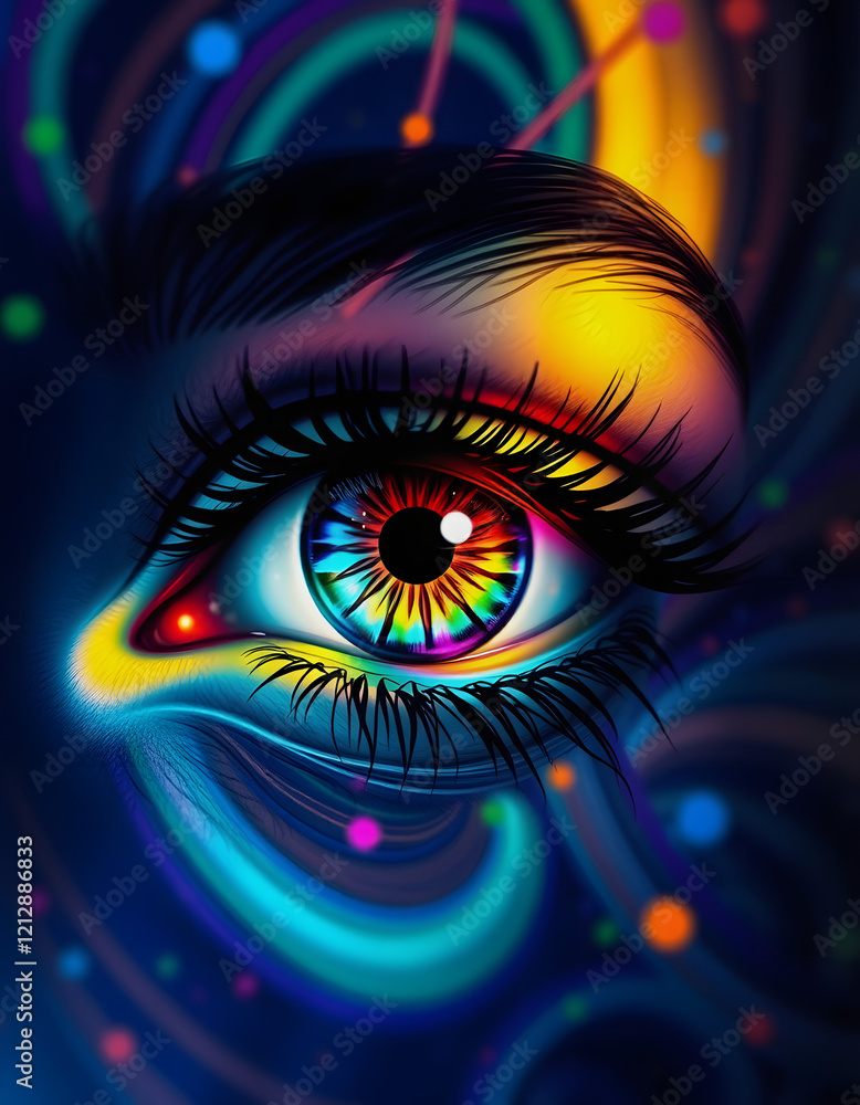 Colorful eye with abstract background. Psychedelic eye painting, Colorful eye painting, glowing neon, with white tones Colorful eye with abstract background. Psychedelic eye painting, Colorful eye painting, glowing neon, with white tones