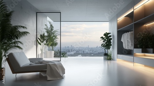 Minimalist Bedroom With City View And Plants Furniture And Wardrobe Modern Interior Design